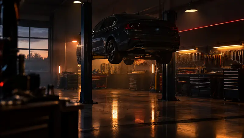 Auto repair shop lit at night with a car on the lift